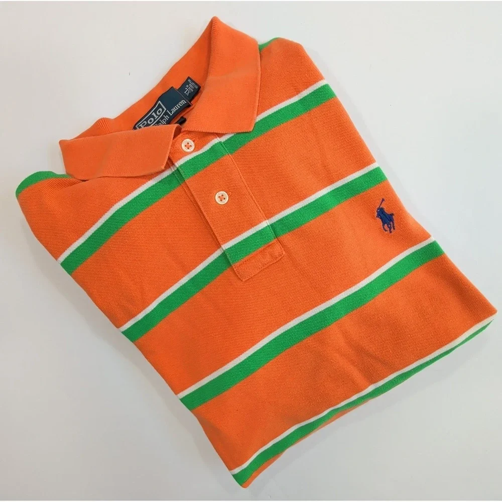 Vintage Ralph Lauren Polo Shirt Mens XL Orange Green Striped Custom Fit Preppy